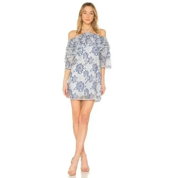 REBECCA MINKOFF Dena Blue Lace Ruffle Shoulder Dress Size Medium - Picture 1 of 8